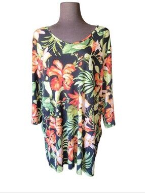 Attitudes By Renee Floral Scoop Neck Tunic Top Black with Orange & Green Floral